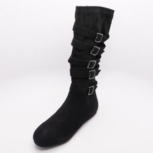Black buckle suede knee high boot